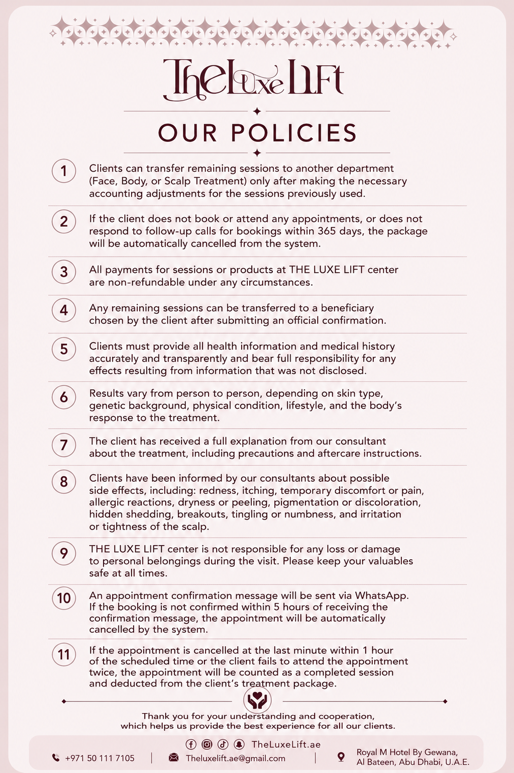 The Luxe Lift policies English version